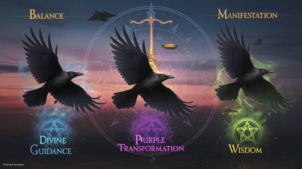 A 3D render of a dark fantasy painting with three crows in flight against a twilight sky. Each crow is surrounded by a different colored aura: blue for "divine guidance", purple for "transformation", and green for "wisdom". In the background, there are symbols of "balance" (a set of scales) and "manifestation" (a pentacle). The overall atmosphere is mysterious yet enlightening. Less
