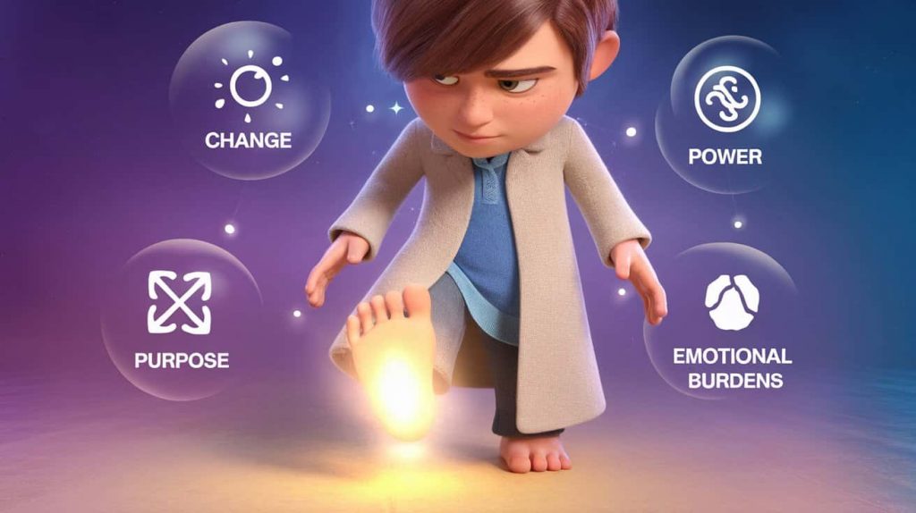 A Pixar-style cinematic 3D cartoon scene of a person with a glowing right foot. The person is wearing a beige coat and a blue shirt. The person's hair is brown. The person is standing on a beige floor. There are floating symbols around the person. The symbols are "change", "power", "purpose", and "emotional burdens". The background is a spiritual purple and blue gradient.