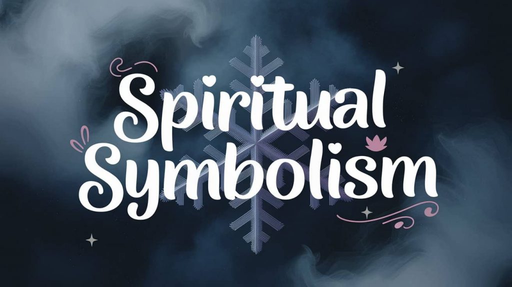Image for "Spiritual Meanings and Symbolism" depicts a single, intricate snowflake suspended in a misty, ethereal space, with faint spiritual symbols like a dove and a heart subtly incorporated into its design.