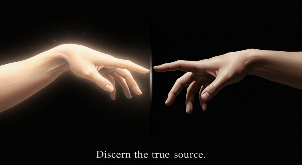 Two hands reaching towards each other: one ethereal and glowing (spiritual), the other realistic (mundane), separated by a line, illustrating the need to distinguish between causes for hand cuts. Text reads: "Discern the true source"