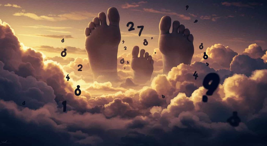 Surrealist digital painting of giant right feet floating in a dreamscape with emerging shadowy figures and symbols, illustrating how subconscious patterns affect foot health.