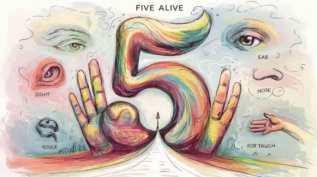 An impressionist sketch featuring a large, colorful number five surrounded by smaller images representing the five senses and a faint path leading up to the number, symbolizing the dynamic energy, spiritual awareness, and transitional power associated with the number five in numerology.