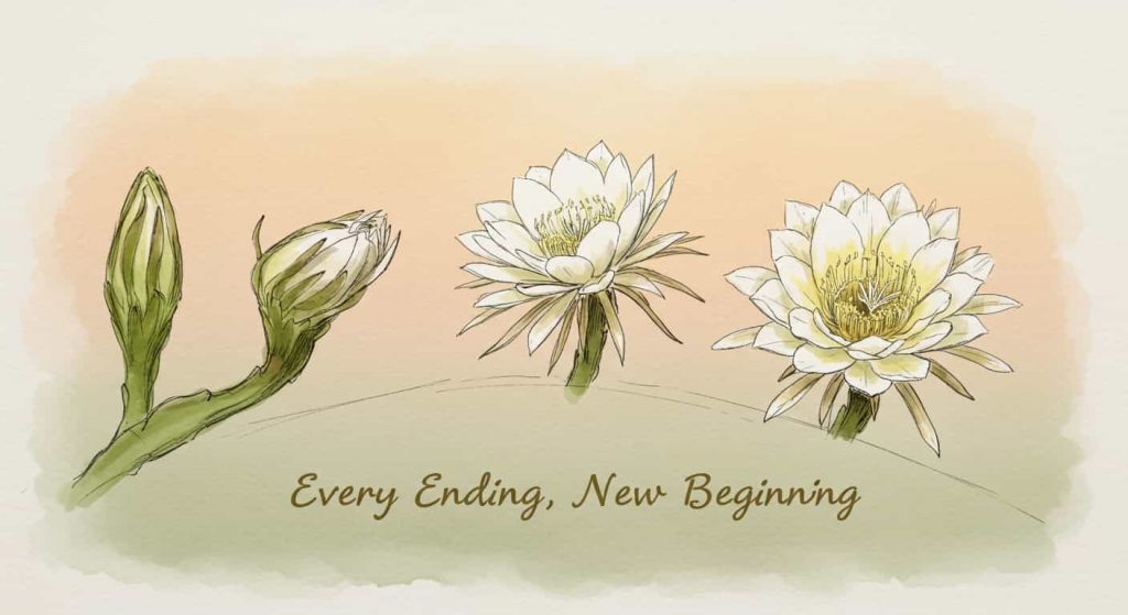 An impressionist sketch in watercolor and pen showing three stages of a night blooming cereus: a closed bud, a partially opened flower, and a fully bloomed flower, representing transformation and rebirth. 