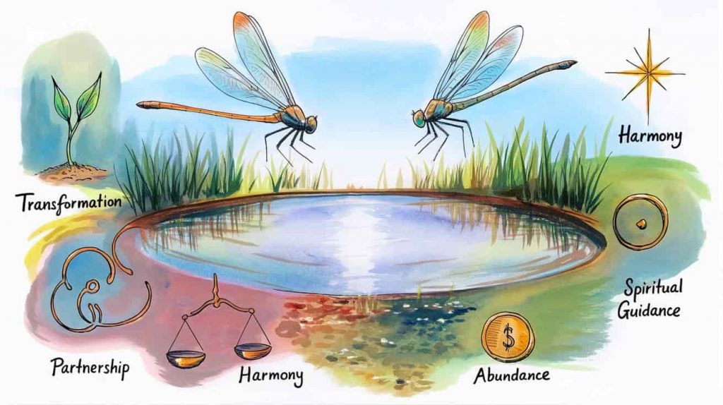 Two translucent dragonflies hover over a still pond reflecting a bright sky, with abstract symbols around the pond representing transformation, partnership, harmony, spiritual guidance, and abundance, illustrating the key takeaways of seeing two dragonflies.