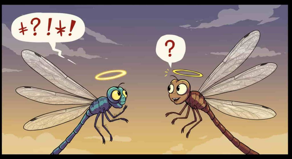 A cartoon of two dragonflies whispering, one with a halo, the other mischievous, against a swirling sky with question marks and exclamation points, representing omens and superstitions associated with two dragonflies.