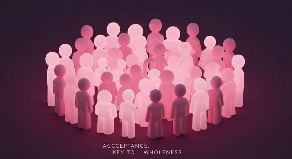 A 3D artwork shows a diverse group of abstract figures in varying shades of soft, glowing pink, interconnected to form a unified whole. The seamless blending symbolizes unconditional acceptance of self and others, representing the path to wholeness and inner peace. Text on Image: Acceptance: Key to Wholeness.