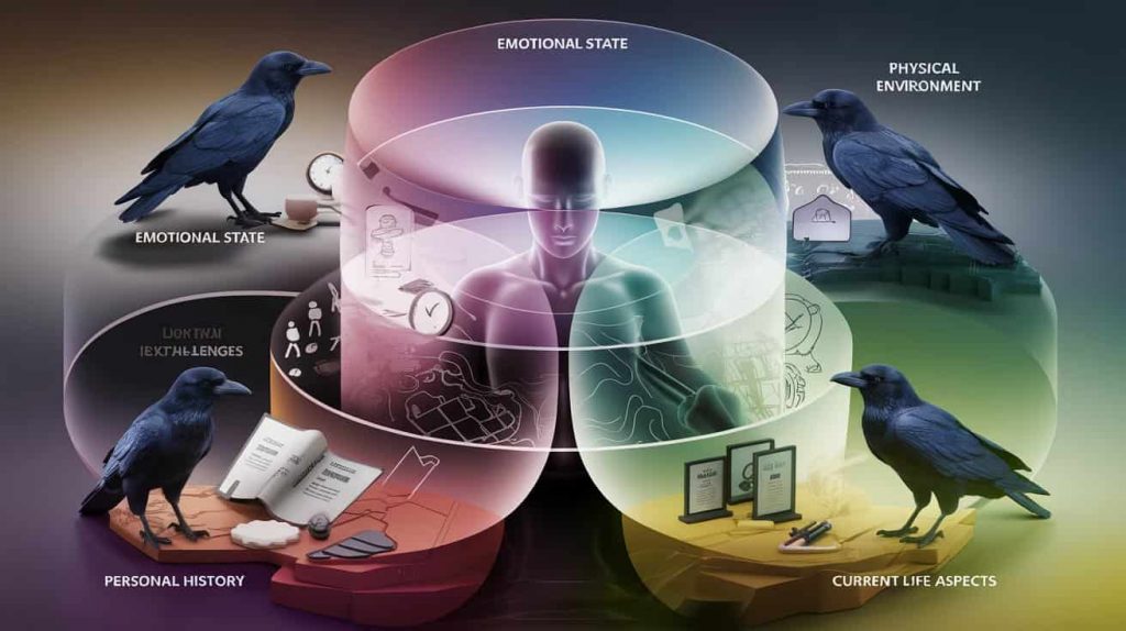 A multi-layered 3D artwork showing a central figure surrounded by four contextual layers of life, each containing an observant crow, with symbols representing various life aspects and influences.