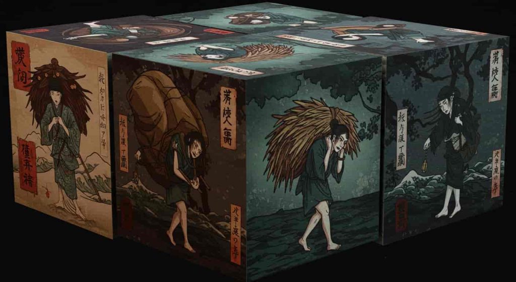 3D rendered cube with Ukiyo-e and dark fantasy style scenes on each face, showing people carrying emotional burdens with emphasis on their right feet, representing unresolved emotions in foot pain.
