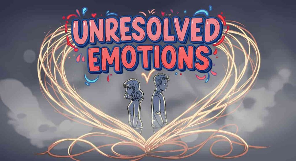 Doodle sketch representing unresolved emotions when seeing an ex, showing tangled threads of light and shadow forming a heart shape around a man and a woman standing back-to-back against a foggy backdrop, with the phrase "Unresolved Emotions" in doodle-style typography.