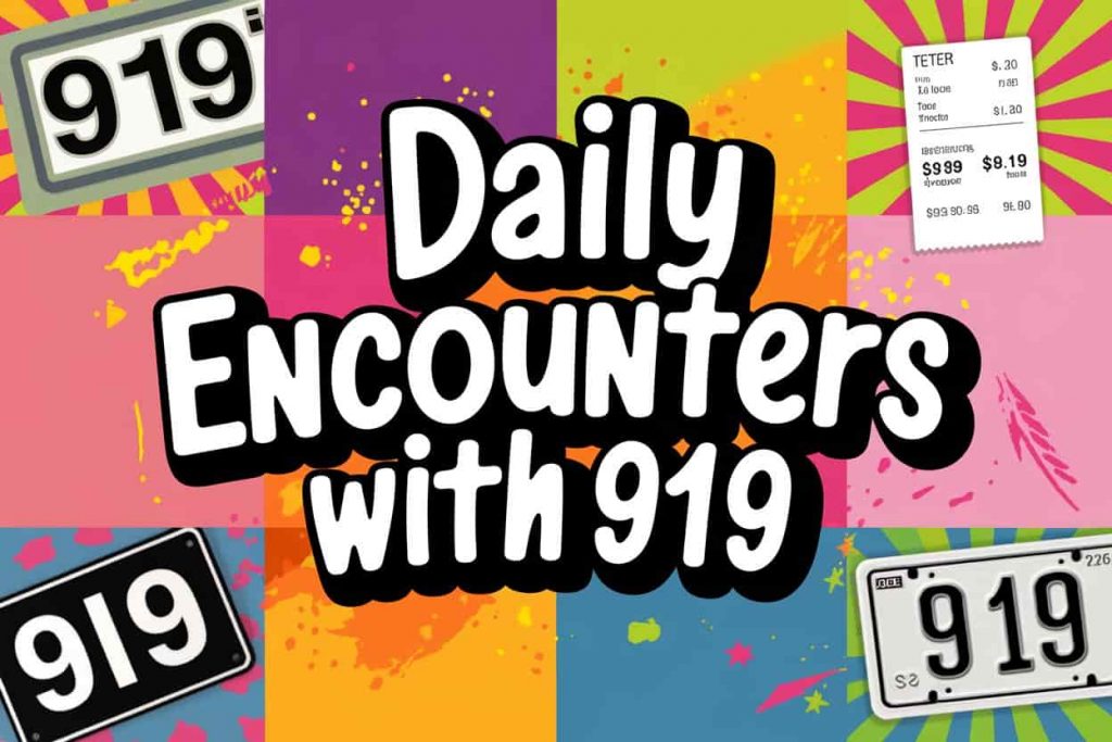 Vibrant pop art style image inspired by Peter Max, displaying the phrase "Daily Encounters with 919" in bold text, with a backdrop of everyday scenarios subtly incorporating the number 919, such as digital clocks showing 9:19, receipts totaling $9.19, and license plates with 919, all rendered in bright, psychedelic colors.