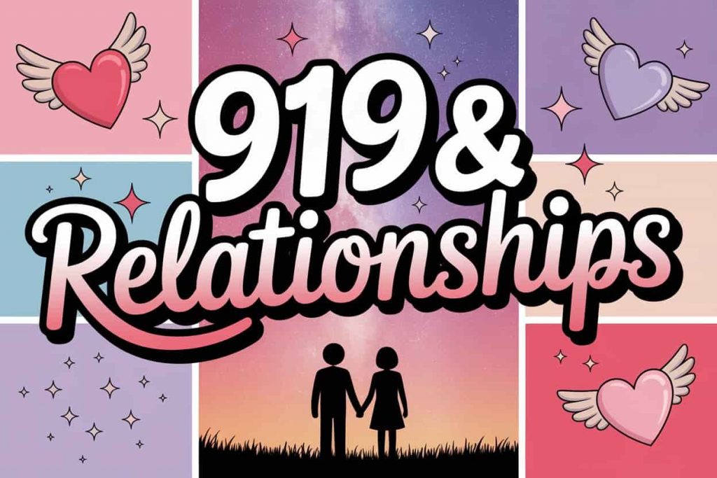 Editorial cartoon style comic of two stylized figures holding hands under a starry night sky with angel wings subtly incorporated into the design, accompanied by the phrase "919 & Relationships", representing love, spiritual connection, and guidance from angel number 919 in relationships.