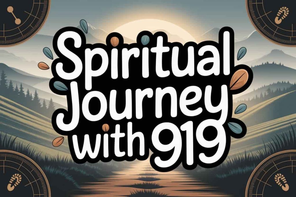 Captivating and conceptual 3D artwork that showcases a unique, multi-layered design with the phrase "Spiritual Journey with 919" prominently displayed in artistic text, set against a misty landscape with a path leading towards a glowing horizon, symbolizing spiritual awakening and a journey of self-discovery.