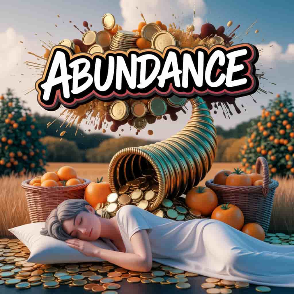 Multi-layered 3D artwork of a person dreaming of wealth with coins and jewels around them, cornucopia overflowing with oranges and gold coins in background, bountiful harvest scene, text "Abundance" in playful typography above, stylized coins and overflowing baskets around, visually representing abundance and prosperity symbolized by orange dreams with a dreaming person.