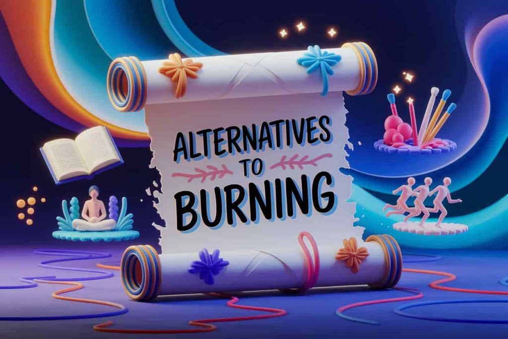 Dark fantasy 3D render with "Alternatives to Burning" in playful typography on a mystical scroll. Vignettes depict journaling, mindfulness, creative expression, physical activity, and support seeking, illustrating diverse breakup processing methods using introspective blues and active oranges.