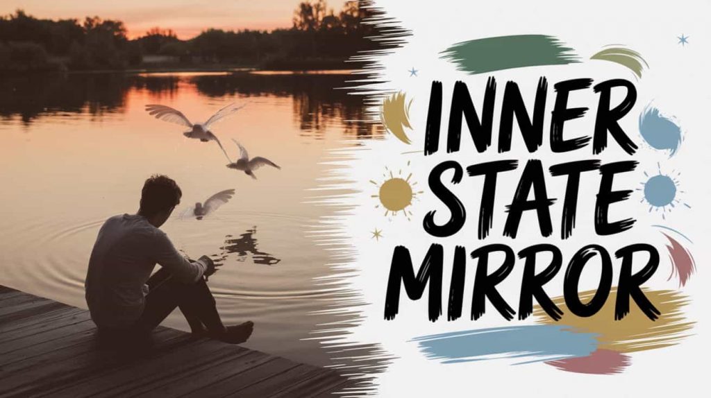 rustic photograph for "Bird Fear: Reflection of Inner Spiritual State" subsection. A calm lake reflects a person looking introspectively at their reflection, with stylized birds subtly incorporated into the water's reflection. The text "Inner State Mirror" is gently placed near the water's edge.