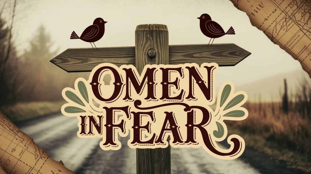 Warm, rustic photograph for "Bird Fear as Omens" section. A weathered signpost in a misty landscape points in two directions, with stylized birds perched on top, one looking ominous. The phrase "Omen in Fear" is displayed on the signpost.