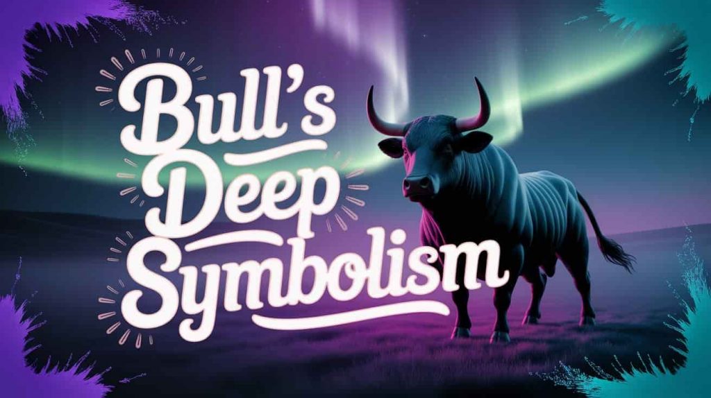 A dark fantasy 3D rendering shows a black bull standing on a misty moor beneath a softly glowing aurora in purple and green hues, representing the deep symbolism of the animal. The phrase "Bull's Deep Symbolism Unveiled" is subtly written near the bull in a stylized, handwritten font with colorful outlines. Splashes of deep purple, green, and silver enhance the image, while ethereal fog and faint glowing orbs frame the text. This image combines modern and vintage elements to convey the mysterious and profound nature of the black bull's core spiritual meanings.