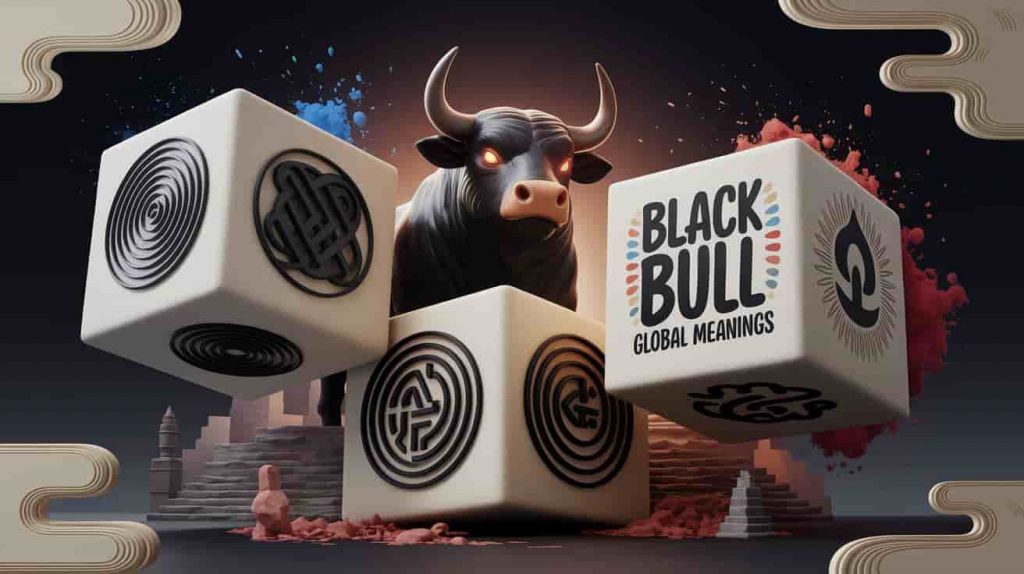 A captivating 3D rendering combines Ukiyo-e and dark fantasy styles, featuring three cubes. One cube displays cultural symbols like a Minoan labyrinth and a Celtic knot, representing diverse traditions. Another shows a powerful black bull with glowing eyes. The phrase "Black Bull: Global Meanings" is written on the third cube in a stylized, handwritten font with colorful outlines. Splashes of deep blue, red, and earthy tones add depth, while swirling cosmic dust and ancient structure outlines frame the text. This image merges modern and vintage aesthetics to highlight the worldwide interpretations of the black bull's symbolism.