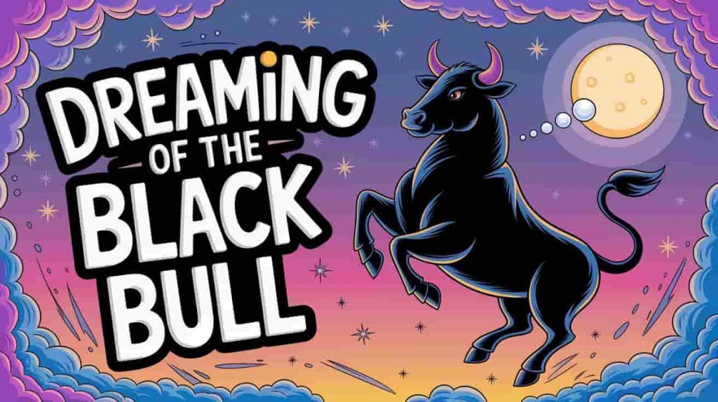 A vibrant pop art image in the style of Peter Max depicts a black bull silhouette floating in a dreamscape with swirling clouds, a glowing moon, and stars, representing dream interpretations. Abstract thought bubbles emerge from the bull, containing faint symbols. The phrase "Dreaming of the Black Bull" is written in a stylized, handwritten font with colorful outlines. Splashes of dreamy purple, hazy blue, and shimmering silver add an ethereal touch, while swirling energy lines and abstract dream shapes frame the text. This image blends modern and vintage styles to convey the symbolic nature of black bulls in the realm of dreams.
