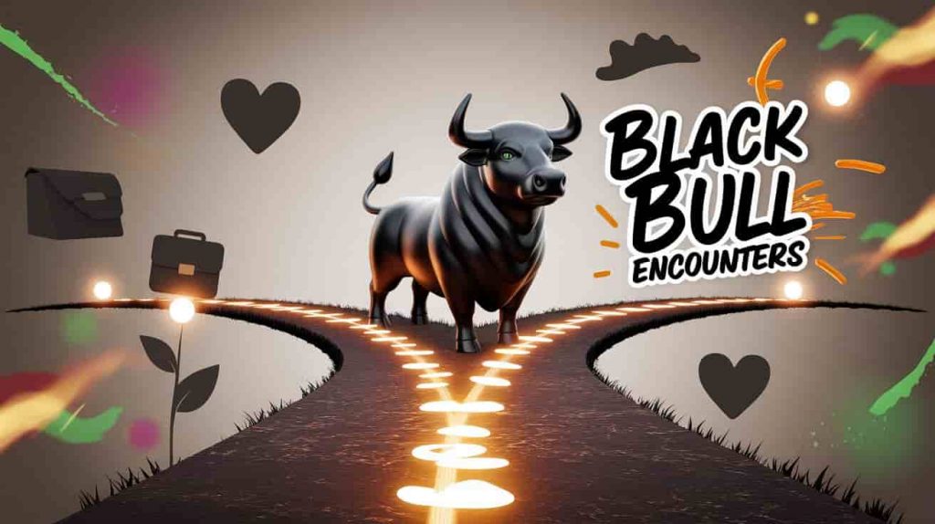 A conceptual 3D artwork depicts a stylized black bull at a glowing crossroads, symbolizing life encounters and their significance. Faint silhouettes in the background represent love, career, and growth, illustrating different life areas. The phrase "Black Bull Encounters" is written near the crossroads in a stylized, handwritten font with colorful outlines. Splashes of earthy brown, vibrant green, and hopeful gold add depth, while glowing orbs and flowing energy frame the text. This image blends modern and vintage styles to convey the black bull's role in providing guidance during life's journey.
