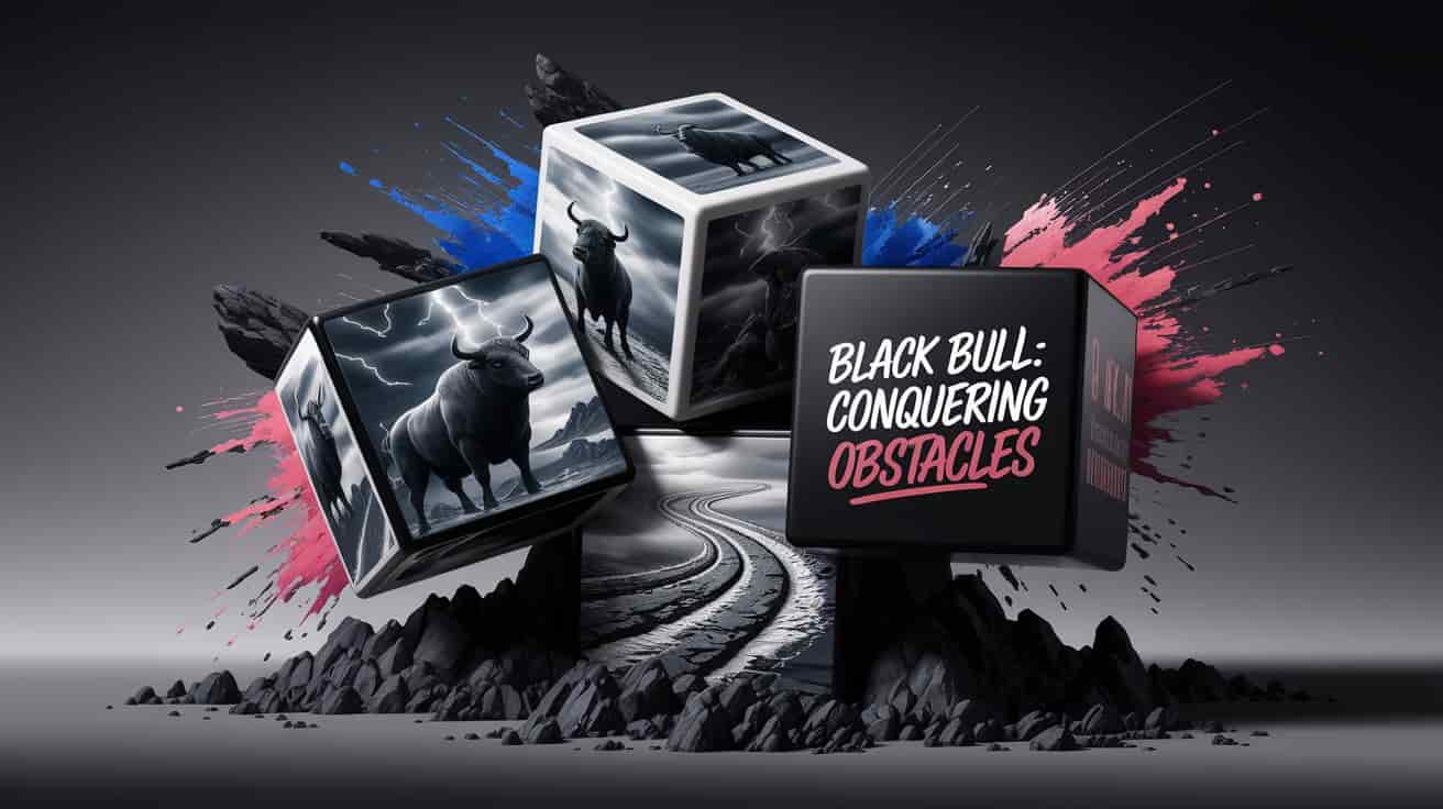 A captivating 3D rendering combines Ukiyo-e and dark fantasy styles, featuring three cubes. One cube shows a black bull facing a stormy sky with lightning, symbolizing challenges. Another depicts a winding path upwards, representing overcoming obstacles. The phrase "Black Bull: Conquering Obstacles" is written on the third cube in a stylized, handwritten font with colorful outlines. Splashes of deep gray, stormy blue, and white add drama, while jagged rocks and swirling winds frame the text. This image merges modern and vintage aesthetics to highlight the theme of the black bull's association with navigating and conquering difficulties.