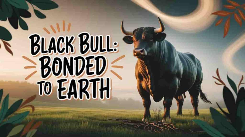 A dark fantasy 3D rendering shows a black bull standing in a vibrant green meadow beneath a sky with softly glowing fog and stars, symbolizing its connection to earth and nature. Subtle roots intertwine with the bull's hooves, emphasizing its groundedness. The phrase "Black Bull: Bonded to Earth" is written near the bull's legs in a stylized, handwritten font with colorful outlines. Splashes of deep green, earthy brown, and glowing amber enhance the image, while stylized leaves and swirling fog frame the text. This image combines modern and vintage elements to convey the black bull's strong link to the natural world.