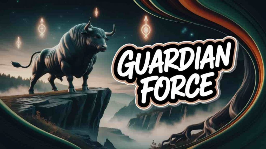 A dark fantasy 3D rendering shows a black bull standing firmly on a rocky cliff above a misty valley, symbolizing protection and grounding. Faint, glowing symbols of protection are visible in the starry night sky above. The phrase "Guardian Force" is written near the bull's feet in a stylized, handwritten font with colorful outlines. Splashes of deep green, earthy brown, and gold enhance the image, while roots of ancient trees and swirling mist frame the text. This image combines modern and vintage elements to convey the black bull's role as a guardian and its connection to the earth.