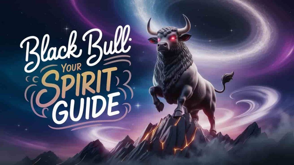A dark fantasy 3D rendering shows a black bull with glowing eyes on a mystical mountain under a swirling, starry sky, representing its role as a power animal or totem. Ethereal energy flows from the bull towards the cosmos, signifying guidance. The phrase "Black Bull: Your Spirit Guide" is written near the bull's head in a stylized, handwritten font with colorful outlines. Splashes of deep blue, purple, and shimmering silver enhance the image, while wisps of starlight and swirling fog frame the text. This image combines modern and vintage elements to convey the black bull's spiritual guidance and totemic significance.