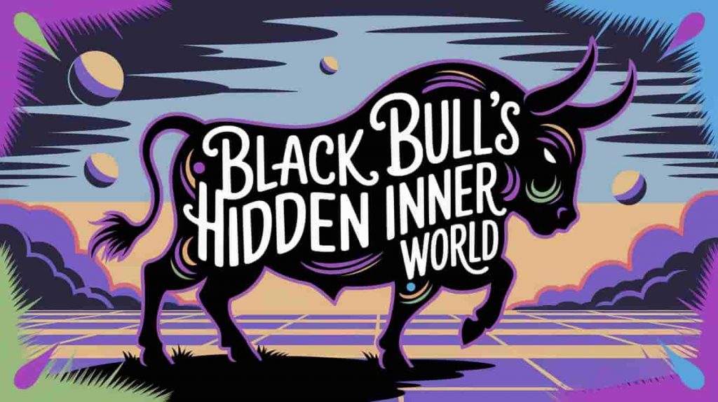 A vibrant pop art image in the style of Peter Max depicts a black bull silhouette filled with abstract, swirling patterns, symbolizing the unconscious mind. The background shows a dreamlike landscape with floating shapes and glowing orbs, representing hidden depths. The phrase "Black Bull's Hidden Inner World" is written within the bull's silhouette in a stylized, handwritten font with colorful outlines. Splashes of psychedelic purple, electric blue, and neon green add vibrancy, while swirling energy lines and abstract shapes frame the text. This image blends modern and vintage styles to convey the theme of the black bull's connection to the inner, unconscious self.