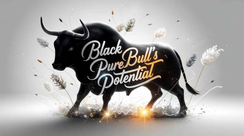 A conceptual 3D artwork depicts a sleek black bull silhouette against a backdrop of pure white light, symbolizing purity and potential. The background subtly shows sprouting seeds and blossoming flowers, representing growth. The phrase "Bull's Pure Potential" is written within the white light in a stylized, handwritten font with colorful outlines. Splashes of pure white, shimmering silver, and subtle gold enhance the image, while glowing particles and abstract flowing lines frame the text. This image blends modern and vintage styles to convey the theme of the black bull's connection to untapped abilities and pure potential.