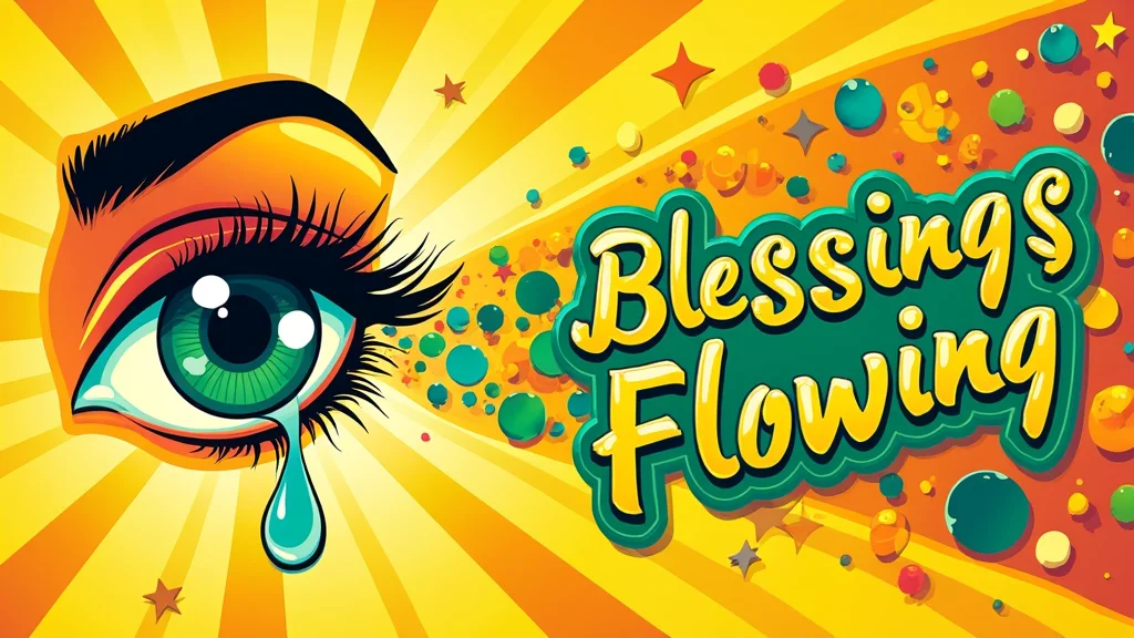 Joyful pop art image in the style of Peter Max, illustrating 'Sign of Positive Change and Blessings'. A right eye is depicted shedding a tear that magically transforms into a vibrant cascade of colorful, abstract shapes, symbolizing blessings and positive changes. The phrase 'Blessings Flowing' is cleverly integrated within the cascade, as if the shapes themselves are forming the words, in handwritten green and yellow typography. Set against a sunshine yellow background, the image radiates optimism and joy, emphasizing divine favor and positive unfolding events.