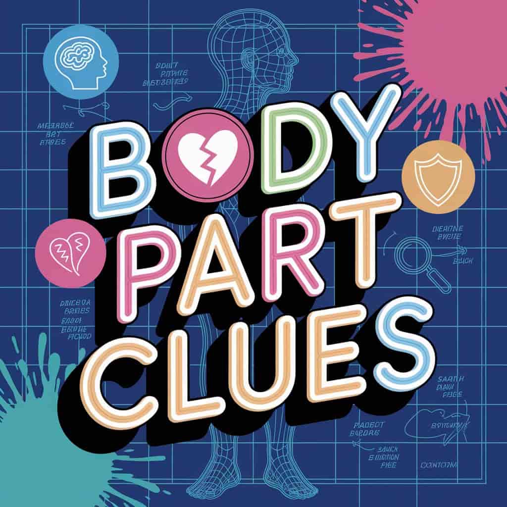 Conceptual 3D artwork featuring a blueprint of a human body with highlighted body parts and symbolic icons, representing body part clues in interpreting shot dreams, using an analytical and informative visual style.