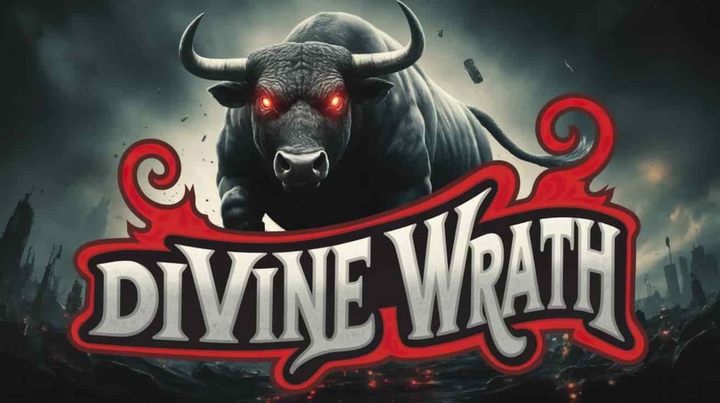 This striking 3D render illustrates the biblical concept of bulls representing divine judgment and uncontrolled power. A massive, enraged bull with glowing, fiery eyes charges through a dark, stormy landscape filled with swirling fog and ominous glowing lights. The scene conveys a sense of divine wrath and impending judgment. The phrase "Divine Wrath" is artistically presented using a bold handwritten style. Spiritual elements like the stormy landscape and ominous lights enhance the feeling of divine anger and power.