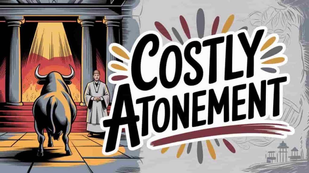 A cartoon style comic illustrates the biblical theme of bulls in the sacrificial system. A stylized bull stands before an ancient altar with glowing embers, symbolizing sacrifice. Rays of light descend from above, representing divine presence. A priest in traditional attire stands nearby, ready to perform the ritual. The phrase "Costly Atonement" is artistically integrated using a bold handwritten style. Spiritual elements like the glowing embers and descending light emphasize the sacred nature of the scene.