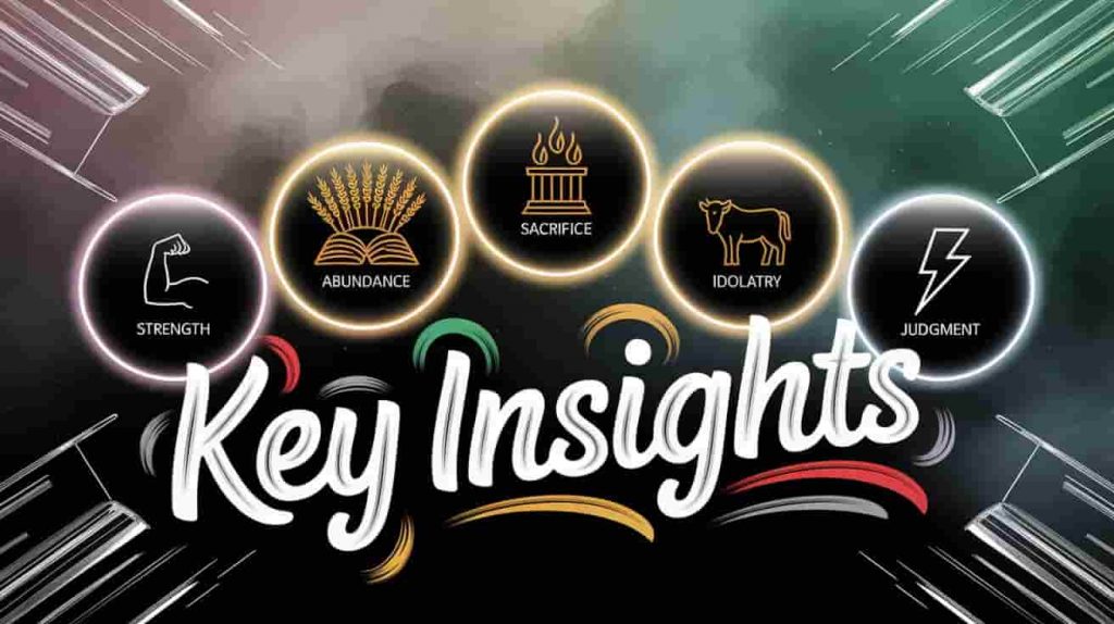 A captivating 3D digital illustration presents five glowing orbs in a misty, starlit sky, each symbolizing a key takeaway about bull symbolism in the Bible. Icons within the orbs represent "strength" (flexing arm), "abundance" (wheat), "sacrifice" (altar), "idolatry" (golden calf), and "judgment" (lightning striking a bull). The text "Key Insights" is displayed in a stylized font. Color splashes and faint book outlines enhance the visual appeal, conveying the article's informative and engaging nature.