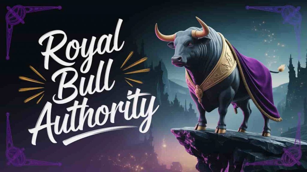 A dark fantasy 3D render shows a majestic bull with golden horns and a purple cloak standing on a rocky cliff overlooking a misty valley with glowing lights, symbolizing royal power. The text ".Royal Bull Authority." is displayed in a stylized, handwritten font. Gold and deep purple color splashes enhance the regal theme. Faint images of ancient thrones and scepters allude to the concept of earthly authority discussed in the article about bull symbolism in the Bible.