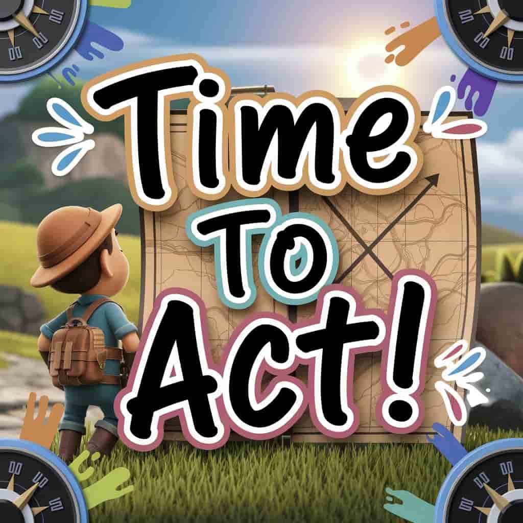 Pixar-style 3D cartoon of an adventurer looking at a map marked with "X" and arrows, symbolizing spiritual meaning of a shot dream as a call to action with the text, "Time to Act!".