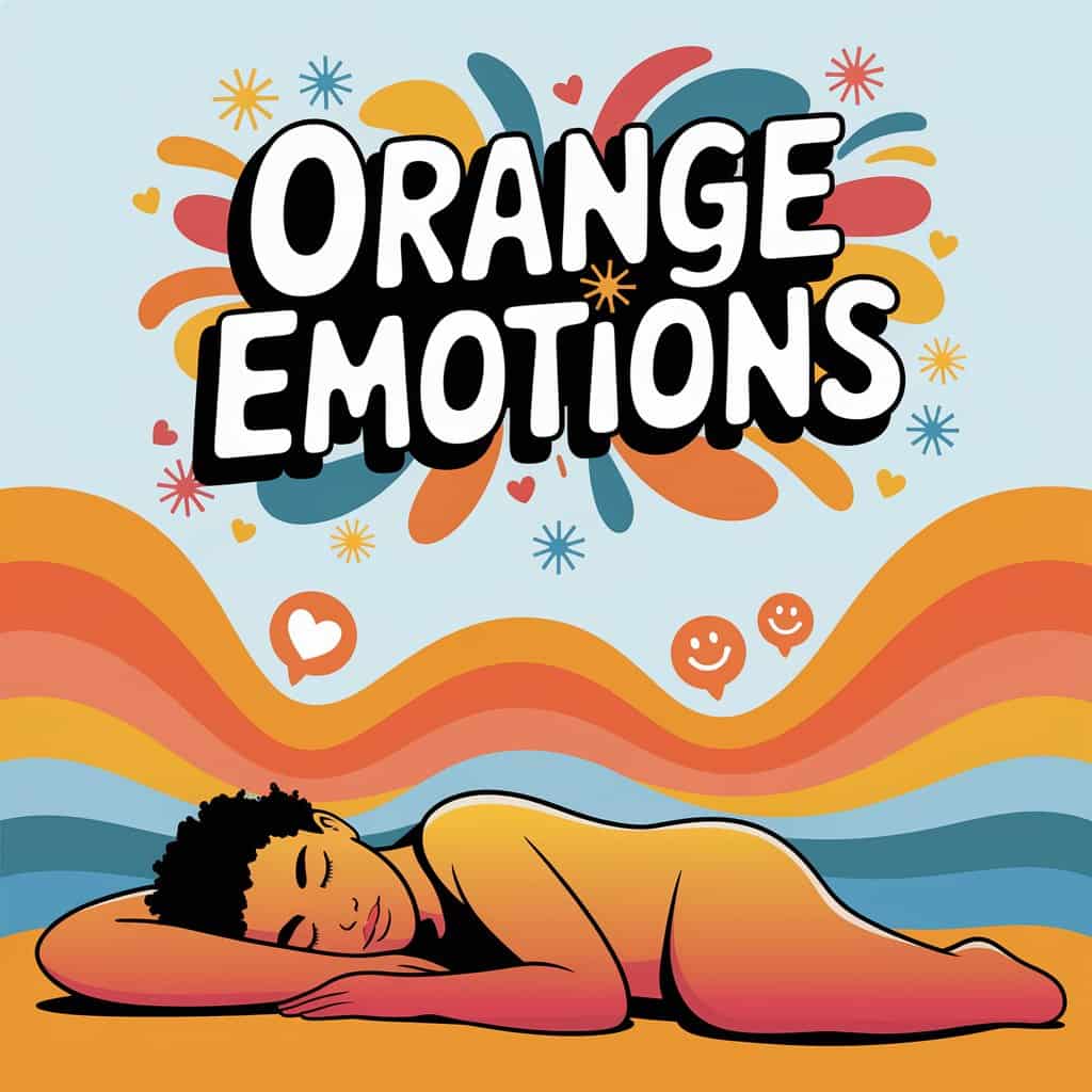 Pop art image in Peter Max style of a sleeping person silhouette filled with orange gradients, radiating emotional waves of orange shades and icons (hearts, smiles, sparks), light blue background, text "Orange Emotions" in playful typography above, stylized emotional icons and color gradients around, visually representing the emotional connections of the color orange in dreams with a sleeping person.
