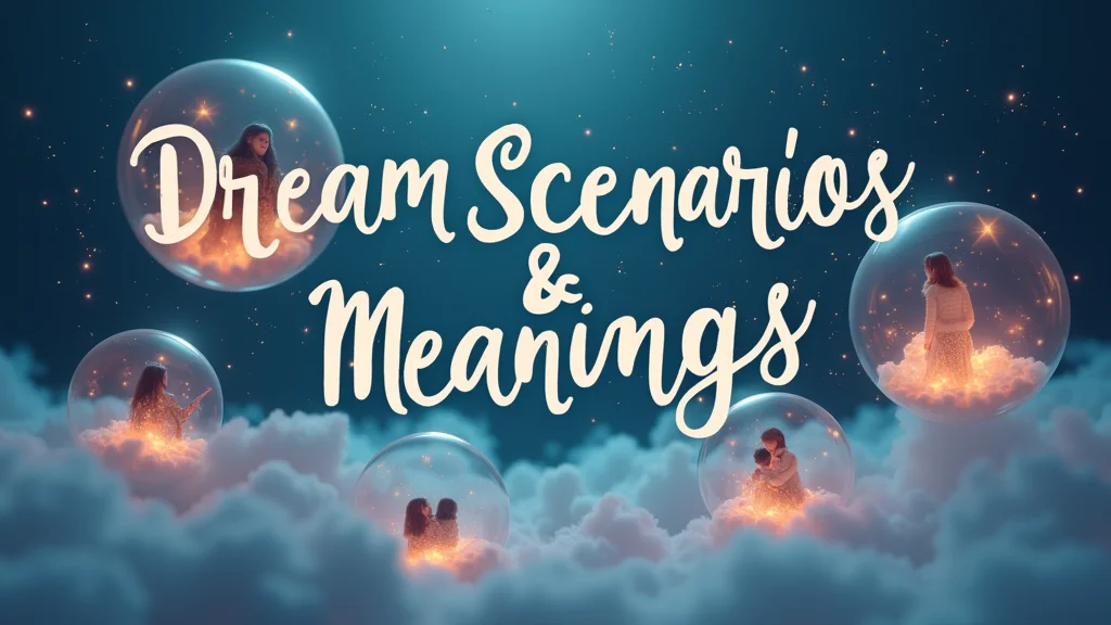 A captivating 3D artwork presents dream bubbles containing miniature scenes of triplet dream scenarios, interconnected by glowing threads, against a misty, starlit backdrop, with "Dream Scenarios & Meanings" in whimsical handwritten typography above, illustrating the diverse interpretations of triplet dreams in various contexts.