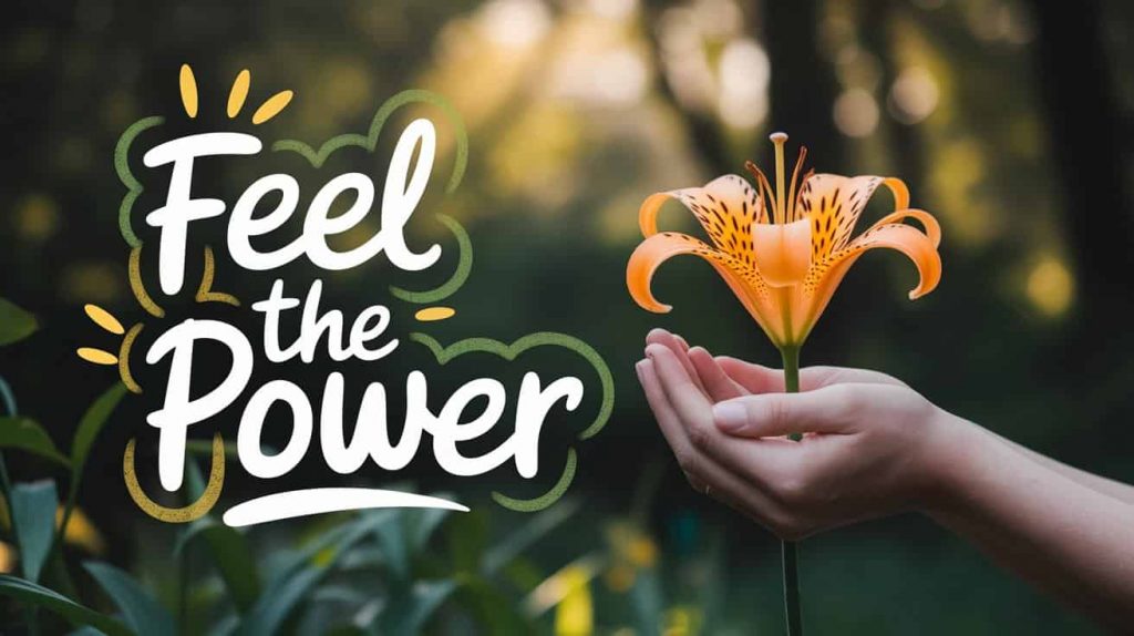 A photo shows hands gently holding a bright orange tiger lily bathed in soft sunlight. The background is a blurred natural scene. The text "Feel the Power" is handwritten on the image. This image represents connecting with the symbolic energy of the tiger lily.