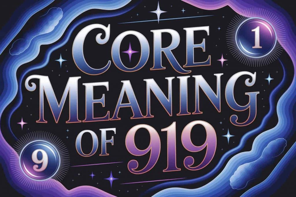 A 3D render of a dark fantasy painting displaying the phrase "Core Meaning of 919" in stylized text, set against a backdrop of swirling galaxies and nebulae, with symbolic representations of number 9 and 1 intertwined, signifying spiritual enlightenment and new beginnings.
