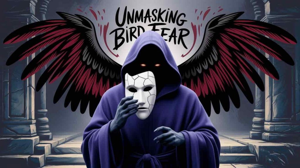 A striking 3D render of a dark fantasy painting for "Decoding Bird Fear" section. A shadowy figure is partially obscured by large, stylized raven wings, holding a cracked mask in their hand. The phrase "Unmasking Bird Fear" is ominously displayed.