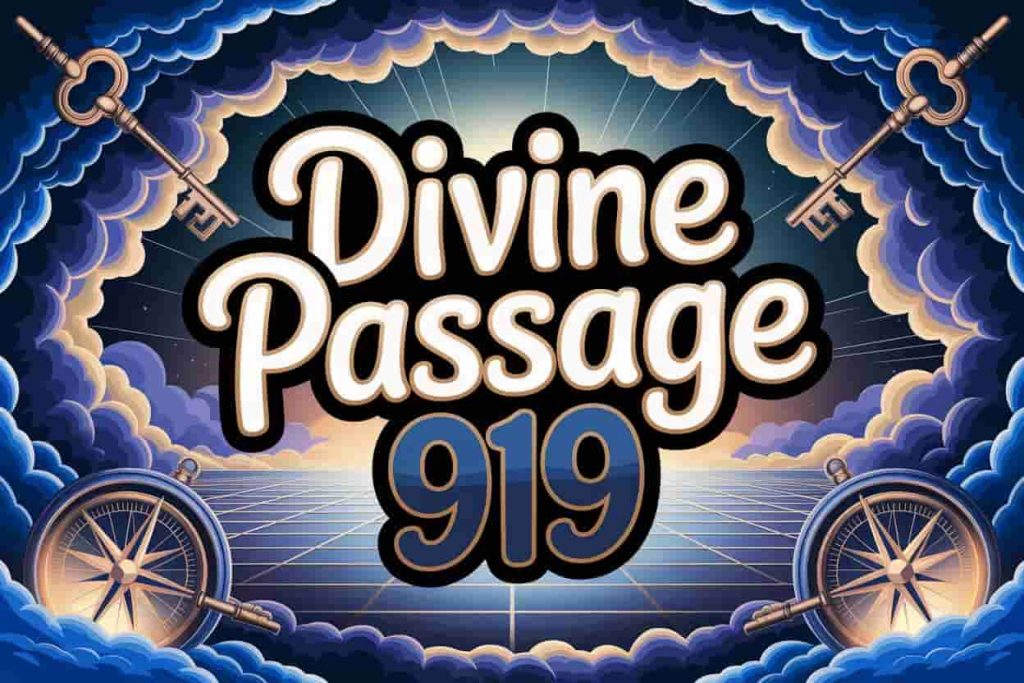 Ab image featuring the phrase "Divine Passage 919" in ornate text, with a dramatic scene of a pathway opening up through dark clouds into a radiant, celestial horizon, symbolizing spiritual passage and divine guidance through angel number 919.