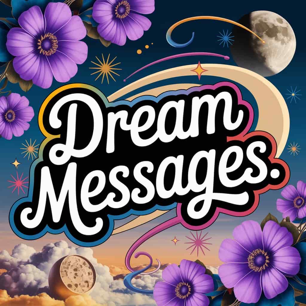 In a vibrant pop art style reminiscent of Peter Max, a surreal dreamscape floats before us, adorned with luminous violet flowers and celestial bodies like stars and moons. Abstract shapes swirl around the scene, symbolizing dream interpretations, while thick, playful handwritten typography with colored outlines displays the phrase "Dream Messages." The text is arranged dynamically with smooth curves and splashes of color, surrounded by photo-quality objects and graphical elements that blend modern flair with vintage charm, creating a visually captivating and warm-toned composition.