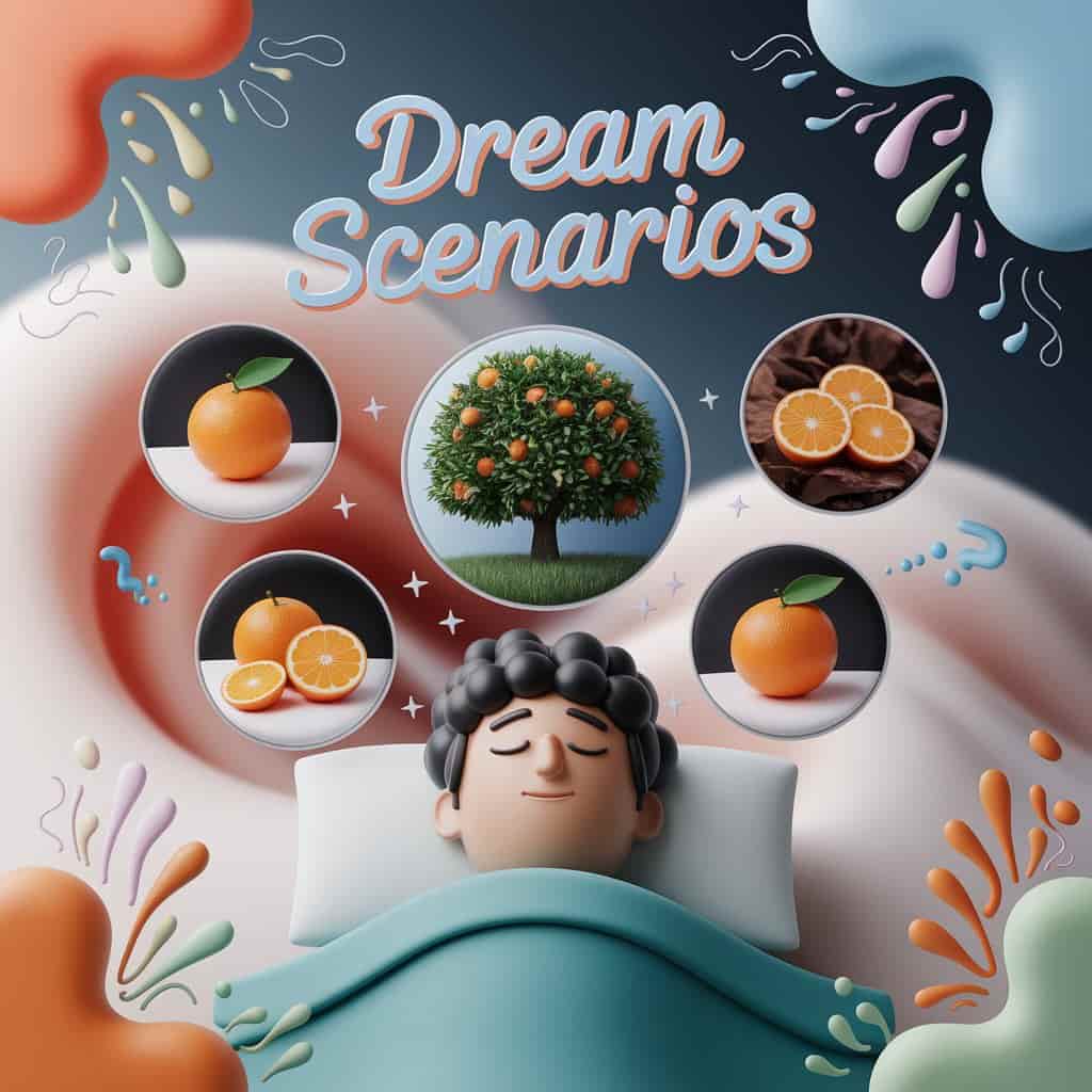 Multi-layered 3D artwork of a person sleeping with dream bubbles showing different orange dream scenarios (eating, tree, rotten, giving), blurred dreamlike background, text "Dream Scenarios" in playful typography above, stylized speech bubbles and question marks around, visually representing various orange dream scenarios with a person in deep sleep.