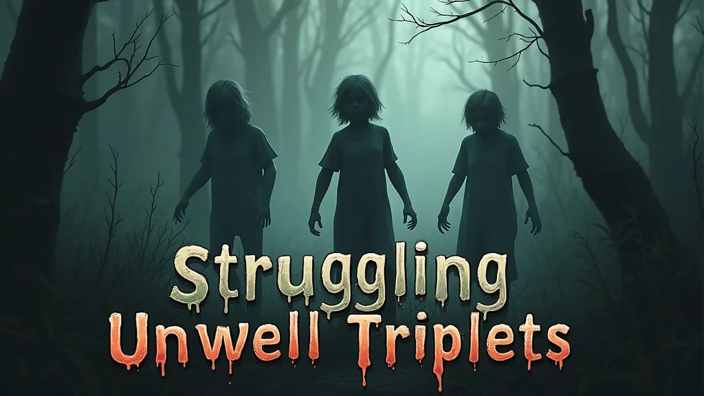 A striking 3D dark fantasy painting shows shadowy, ethereal triplets faintly struggling in a misty, dimly lit forest, evoking unease and concern, with "Struggling Unwell Triplets" in somber handwritten typography below, using muted colors and decay hints to symbolize areas needing care and attention.