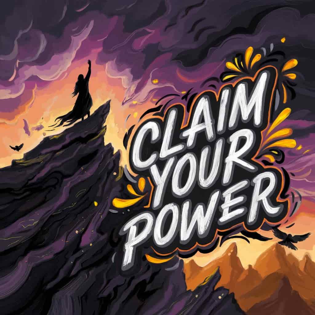 Striking 3D dark fantasy painting for "E for Empowerment and Agency." Lone, E-shaped figure on peak, hand raised to fiery sunset sky. Dramatic purples, oranges, blacks create mystery. Handwritten fiery orange and gold typography: "Claim Your Power." Raven/wind motifs blend vintage fantasy with modern empowerment.