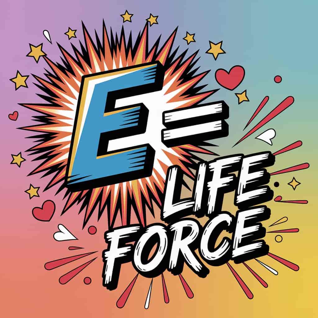 Vibrant pop art for "E for Energy and Vitality." Luminous E of swirling light bursts in blues, yellows, oranges. Pop art elements scattered, black outlines, pastel background. Handwritten black and red typography: "E = Life Force." Energy motifs enhance vintage pop art with modern vibrancy.