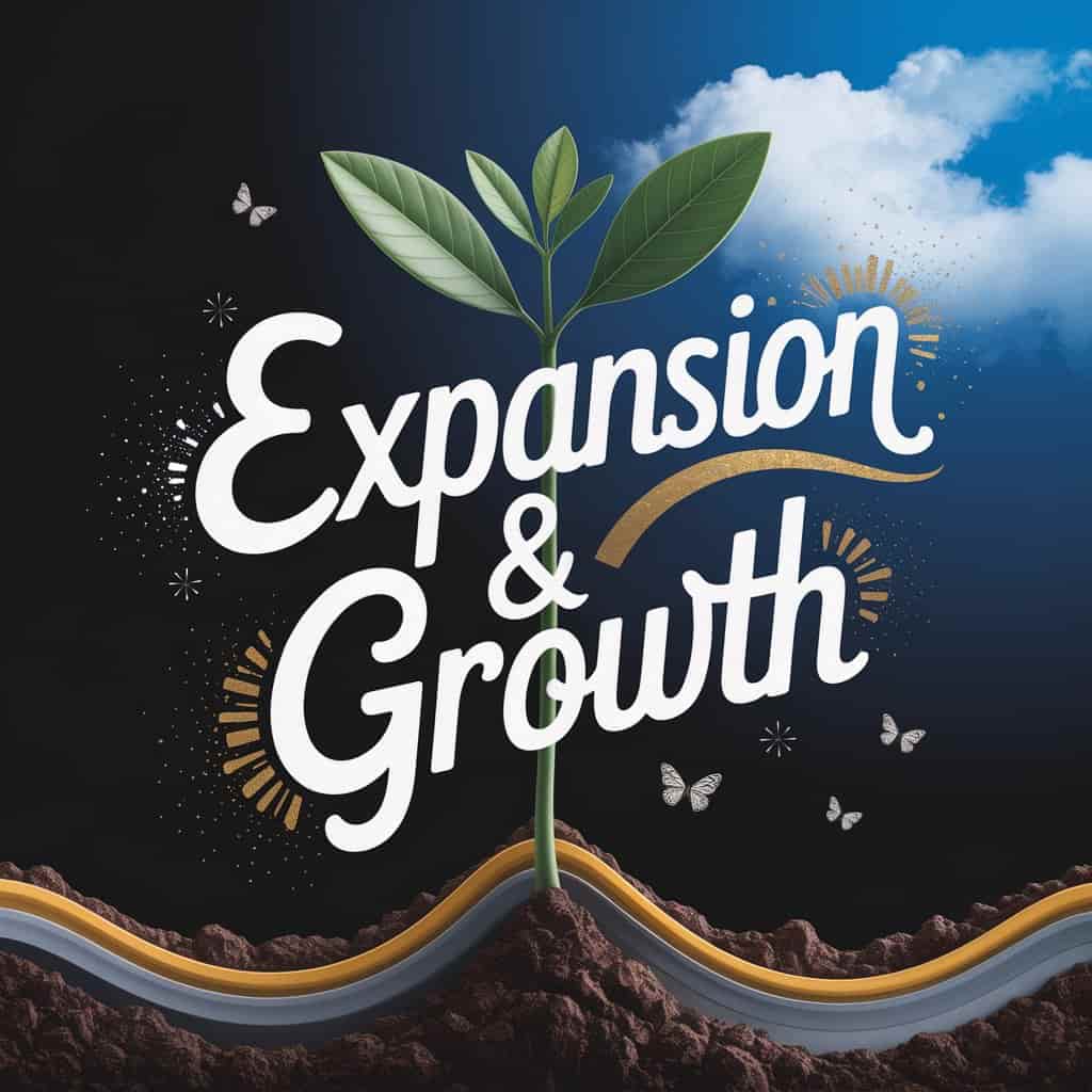 Conceptual 3D artwork for "E for Expansion and Growth." Green E-shaped plant ascends through earth to sky. Geometric expansion shapes subtly embedded. Handwritten earthy brown and gold typography: "Expand & Grow," winding around plant. Butterfly/ladybug motifs enhance vintage-modern organic growth theme.
