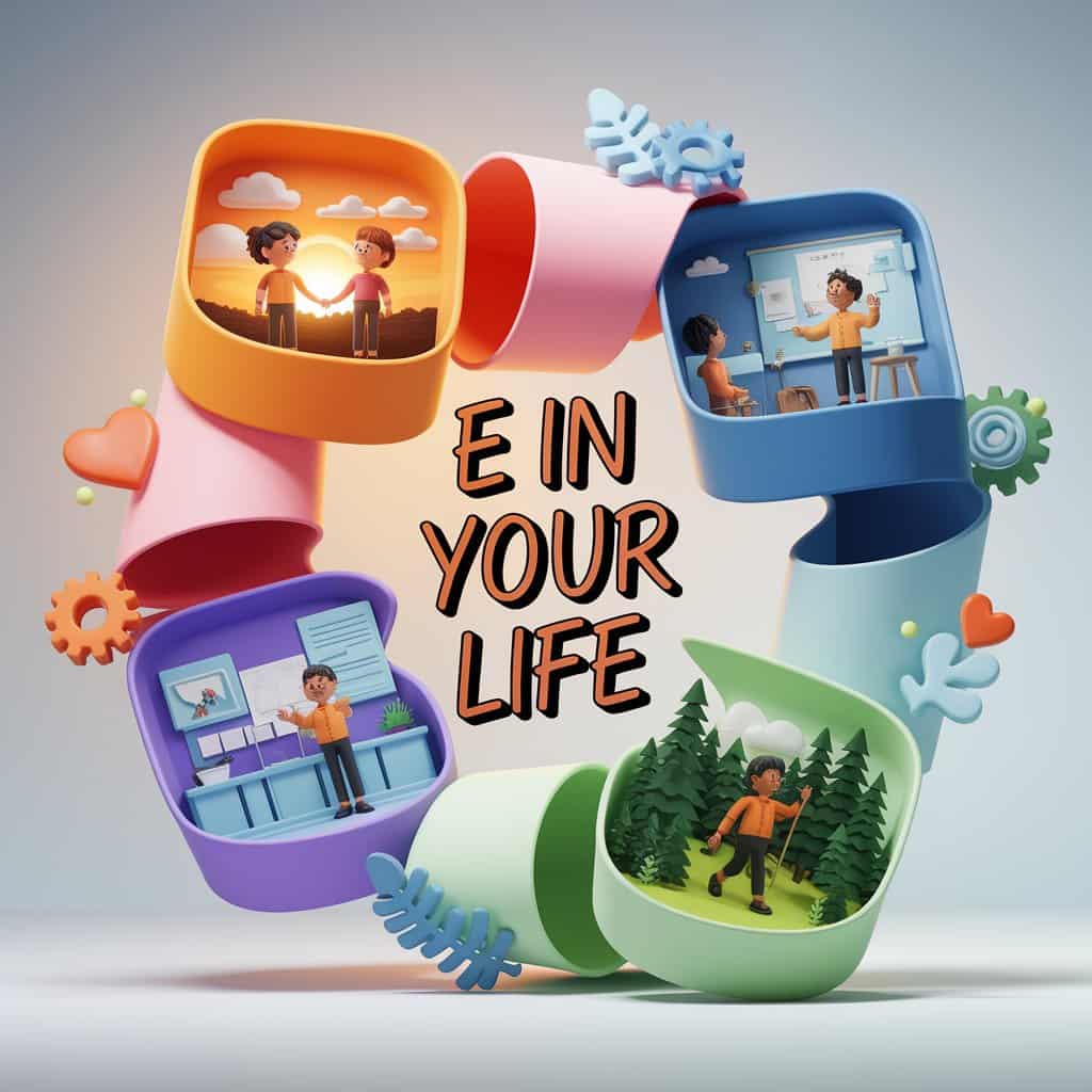 A Pixar-style 3D cartoon image for "Letter E's Guidance for Life's Paths" Three vignettes connected by E-shaped ribbons depict love (couple holding hands), career (confident presentation), and personal growth (happy hiker). Bright, cheerful colors and soft lighting unite the scenes. Handwritten yellow and orange typography reads "E in Your Life," connecting the vignettes, enhanced by heart, gear, and leaf motifs, blending vintage cartoon style with a modern, relatable feel.